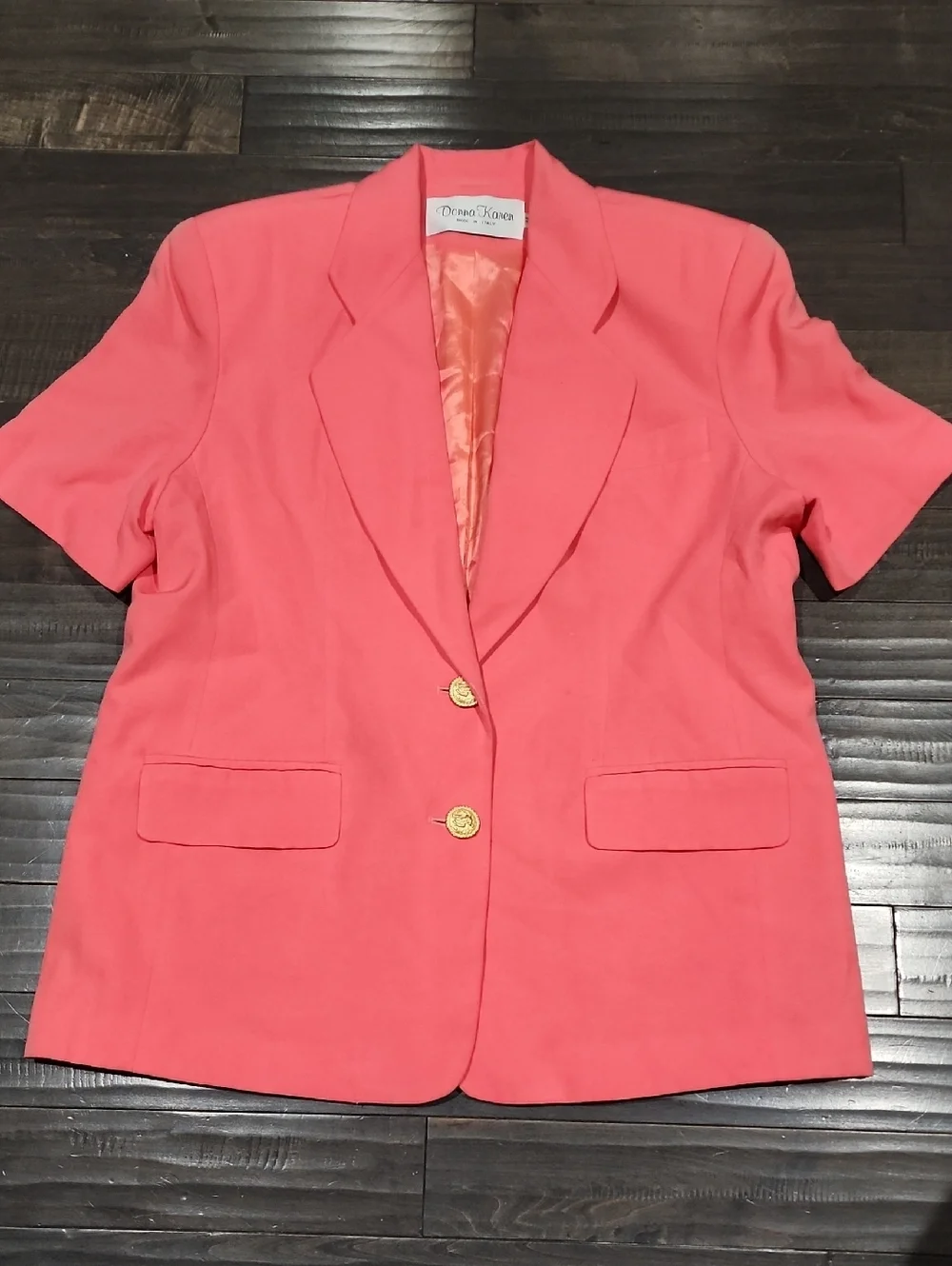 Donna Karan Coral Pink Short-Sleeve Blazer with Gold Buttons